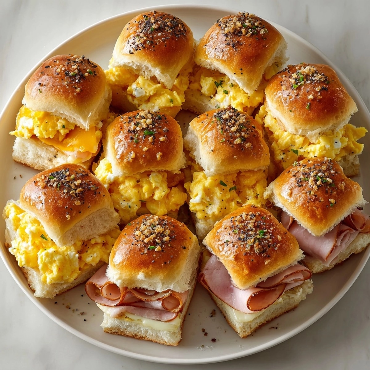 Close-up of warm, delicious ham and cheese breakfast sliders served with golden-brown tops.