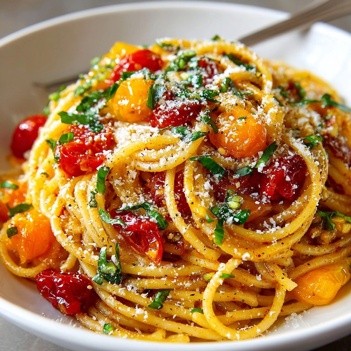 A vibrant, close-up shot portrays the delicious Heirloom Tomato Pasta with Aged Balsamic Pearls, ready to enjoy.
