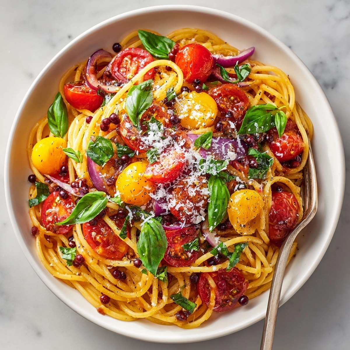 Imagine twirling the spaghetti: a gorgeous Heirloom Tomato Pasta with Aged Balsamic Pearls, ready to eat.