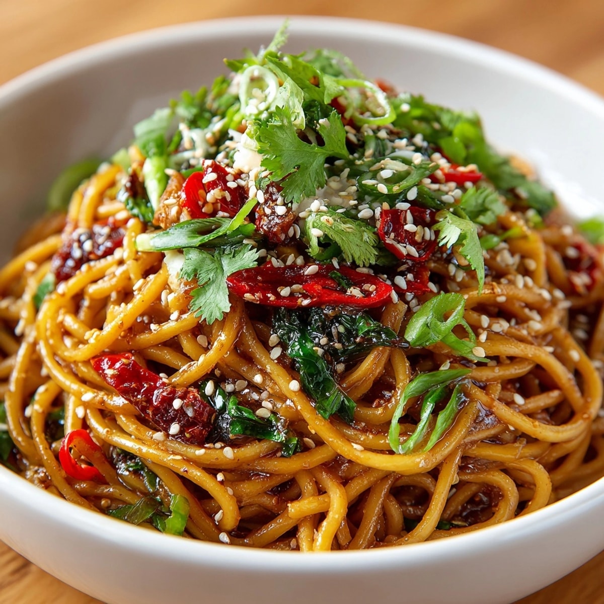 Steaming Spicy Ginger Scallion Noodles with a Szechuan peppercorn tingle, a flavorful Asian noodle dish.