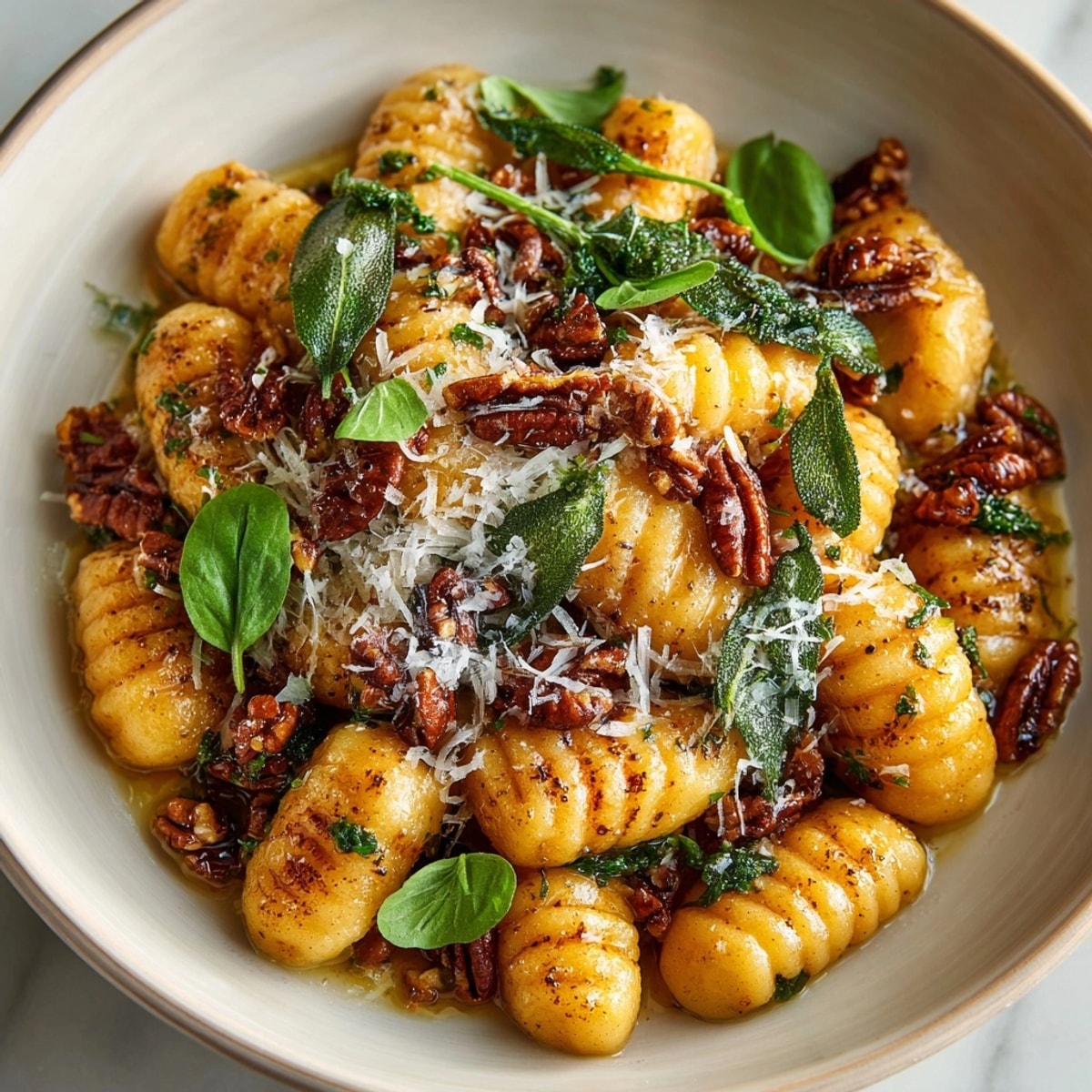 A close-up shows fluffy, homemade Sweet Potato Gnocchi with a sweet pecan topping, ready to eat.