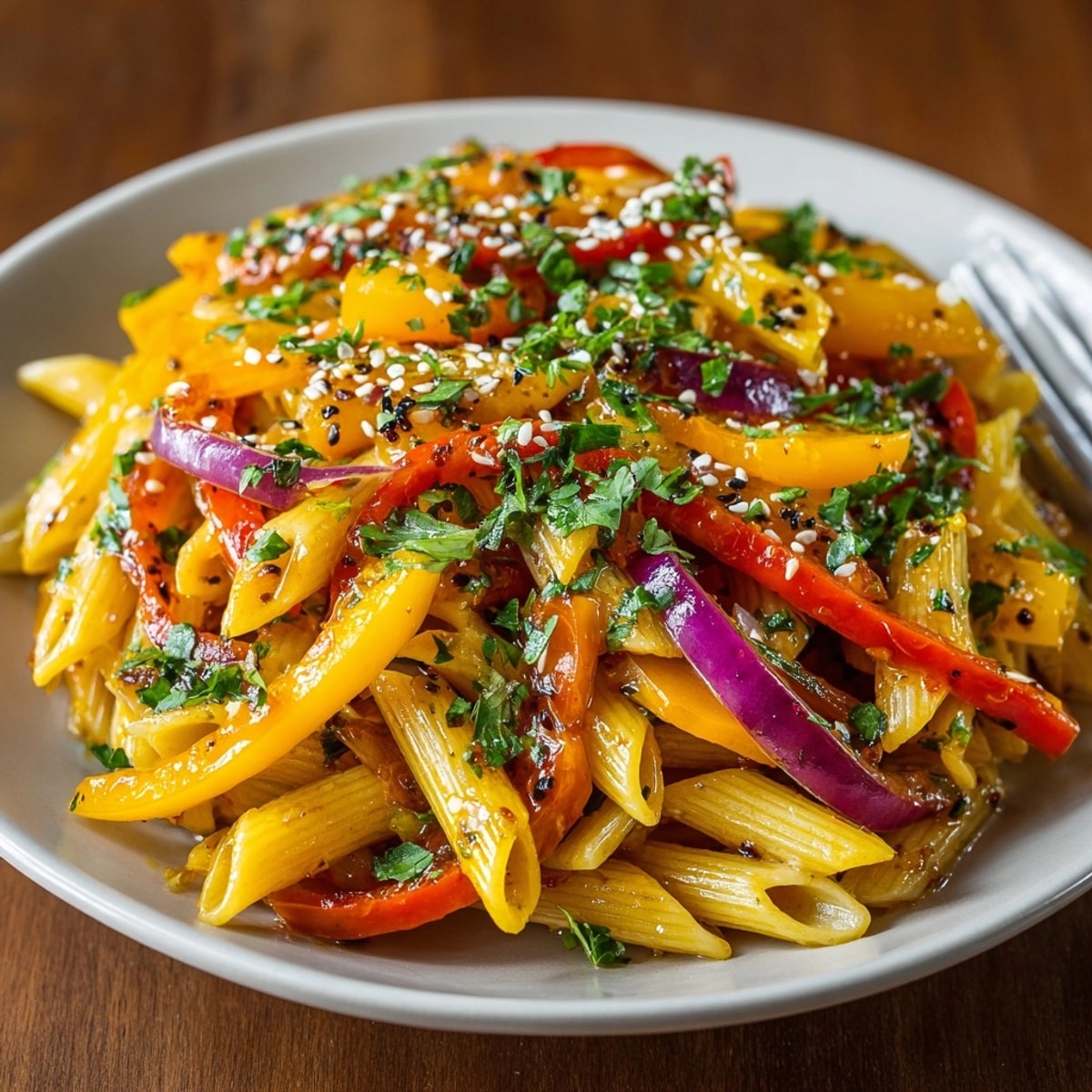 Sweet and sour pasta glistening with a vibrant fruit preserve glaze, served and garnished with toasted sesame seeds.