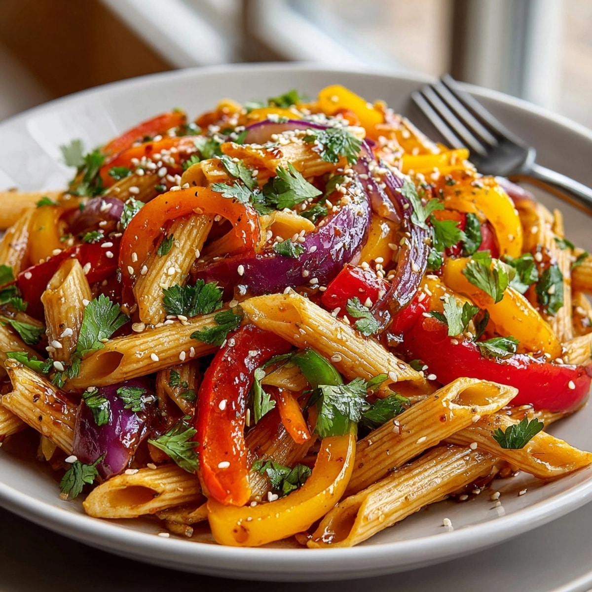 A colorful photo of sweet and sour pasta, vegetables and glossy glaze, ready to be served immediately.