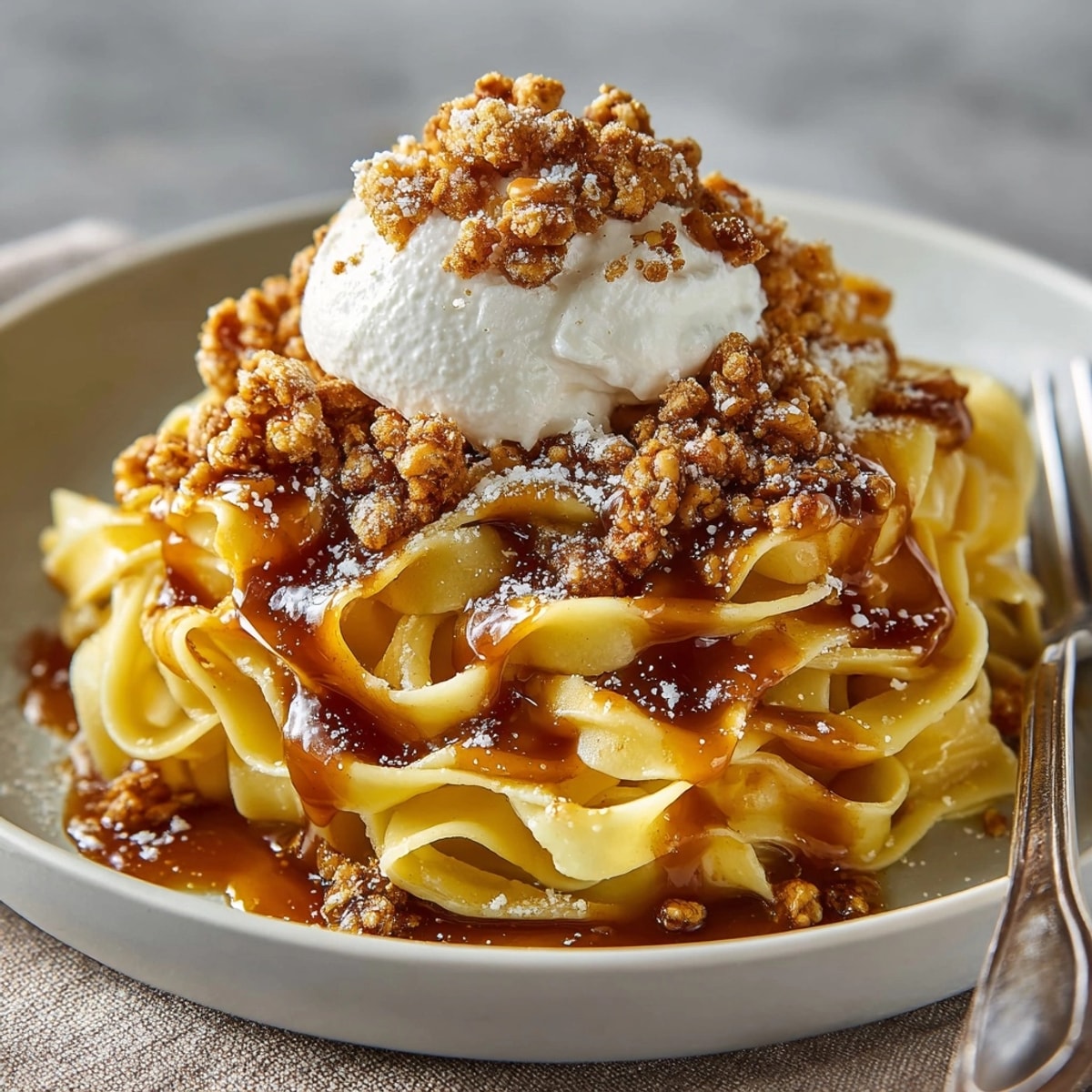 Close-up of Salted Caramel Pasta, showing glistening noodles with pretzel crunch topping, a decadent dessert.