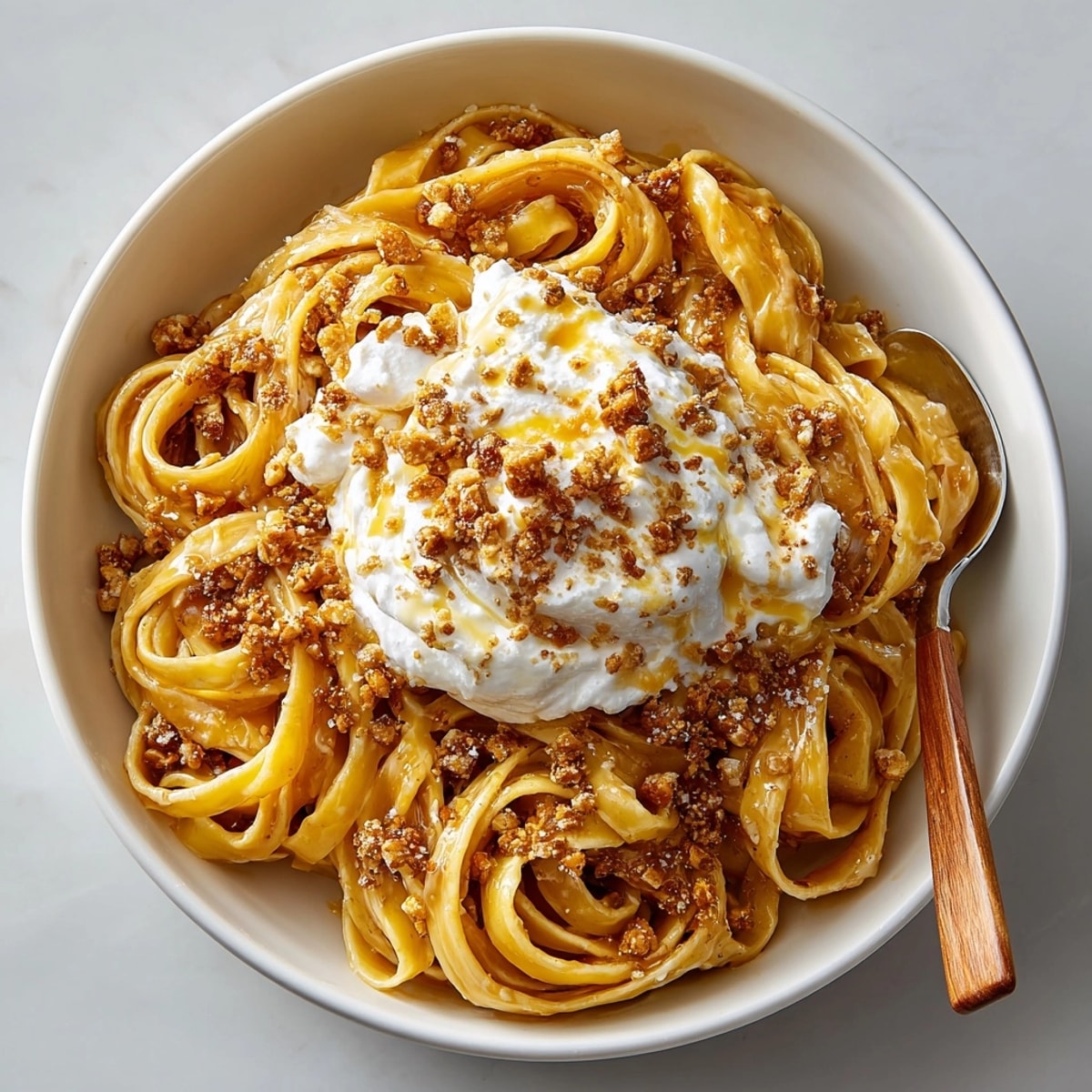A bowl of Salted Caramel Pasta: creamy pasta ribbons beneath a crunchy, buttery pretzel topping, ready to eat.