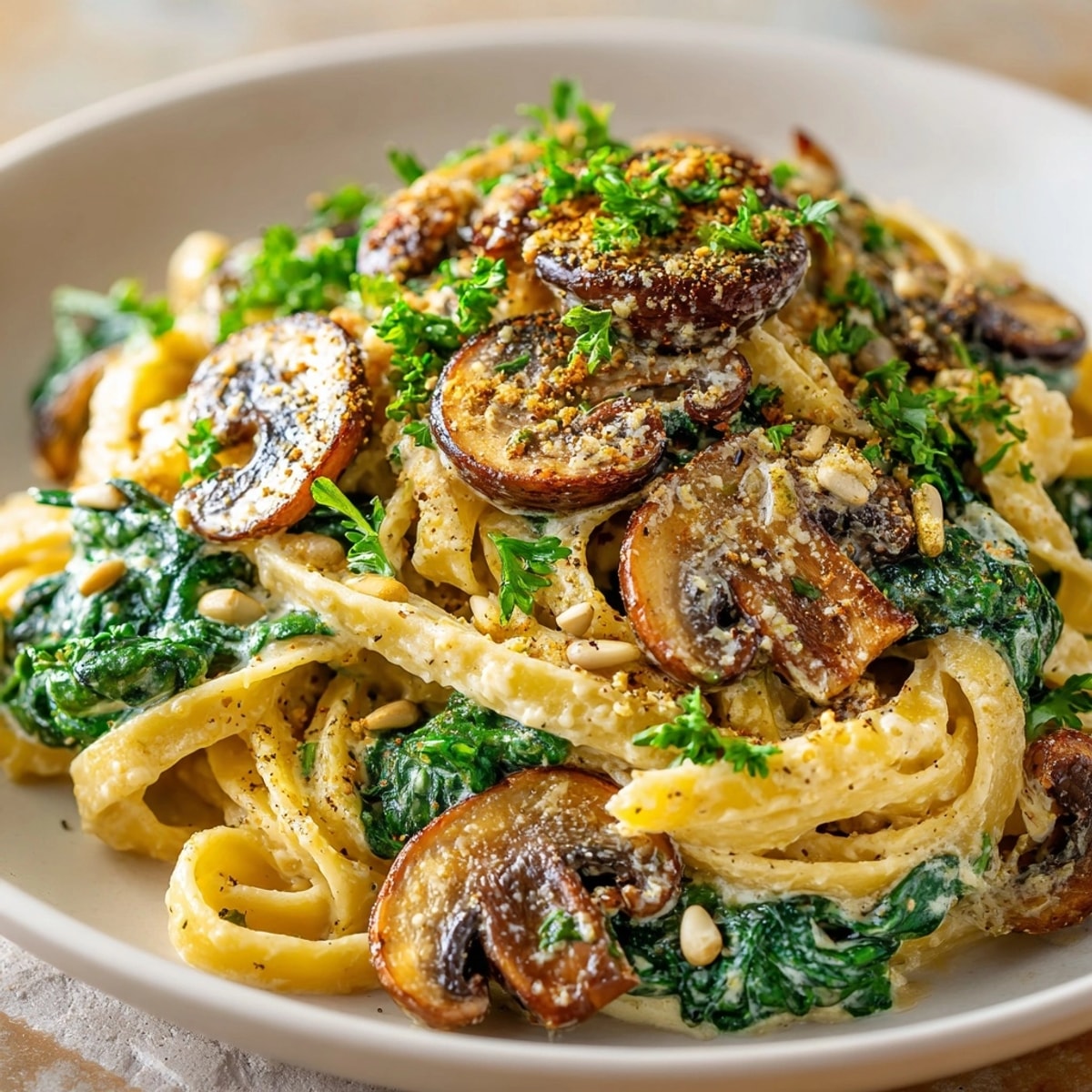 Creamy adaptogenic mushroom pasta, steaming and drizzled with parsley, a healthy comfort dish.