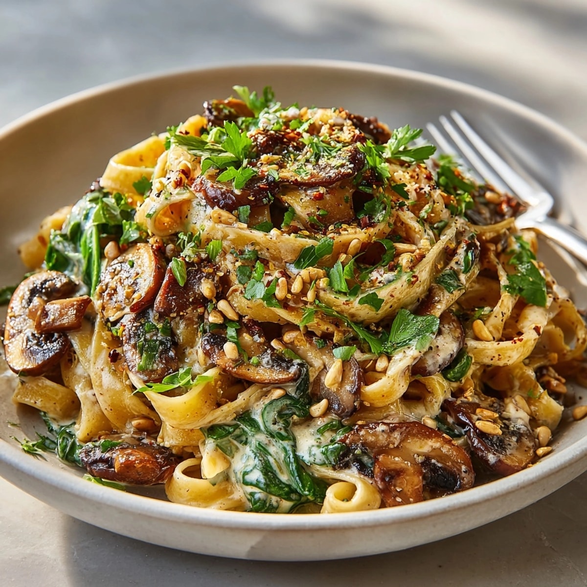 A vibrant photo of the adaptogenic mushroom pasta, garnished with seeds, ready to sooth the senses.
