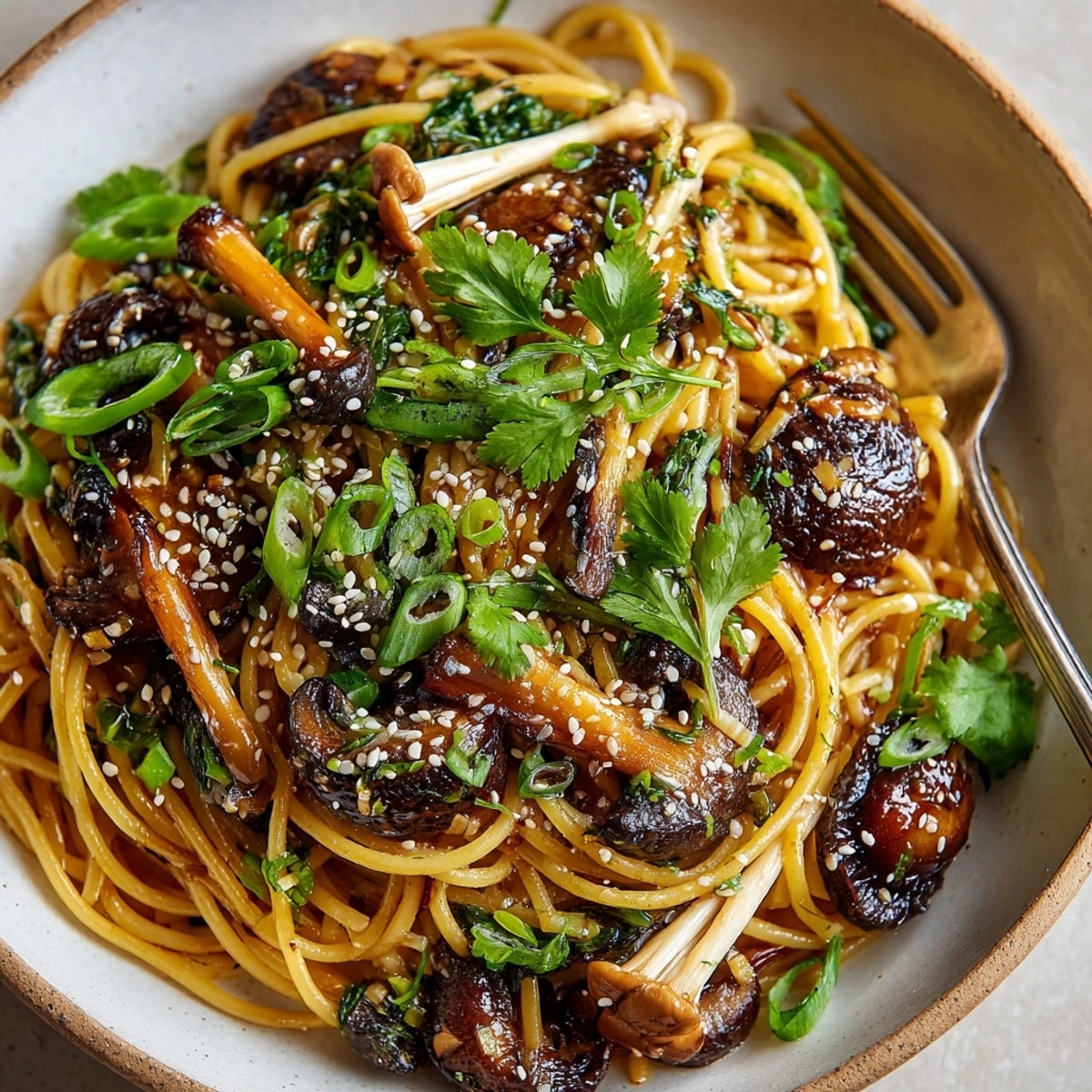 Soy-Glazed Mushroom Pasta with a glossy glaze, showcasing a vibrant medley of earthy shiitake and enoki mushrooms on pasta.