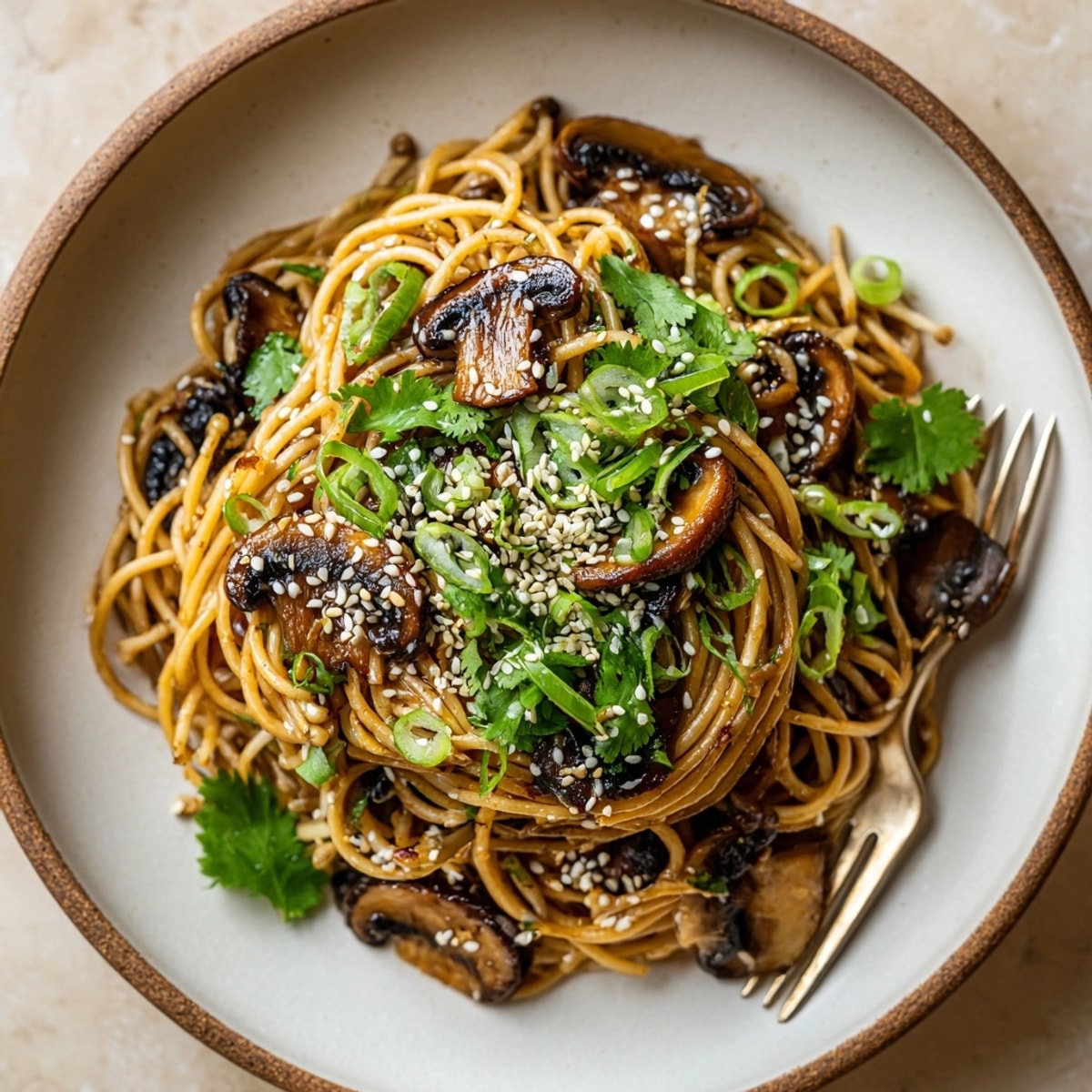 Enjoy a comforting plate of Soy-Glazed Mushroom Pasta, garnished and ready to be served warm for a delightful meal.