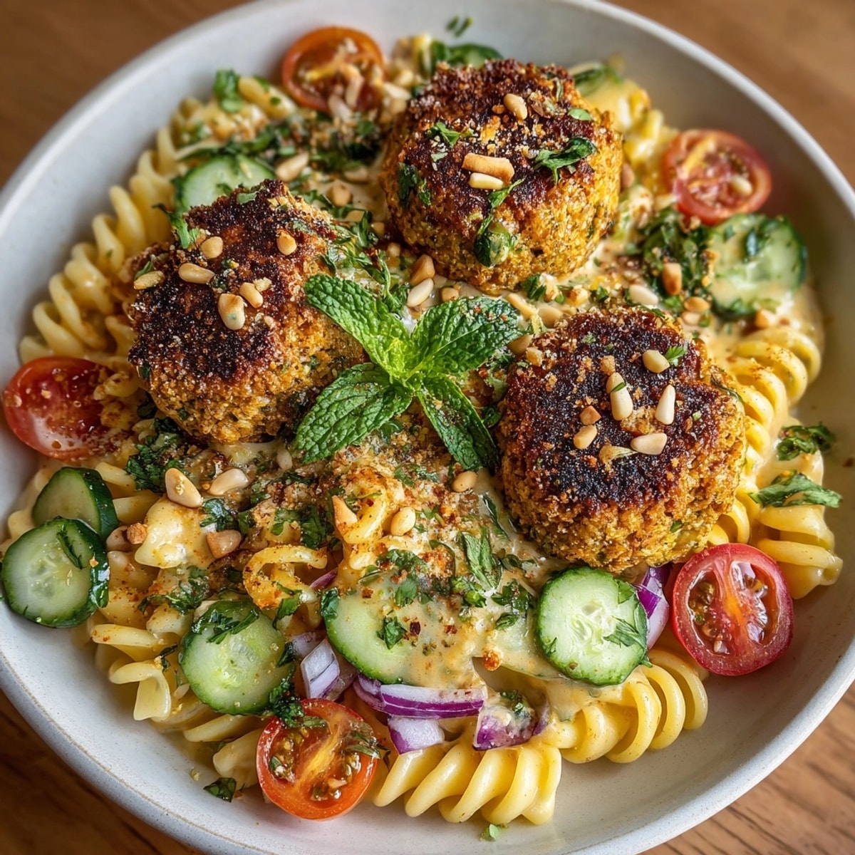 Golden-brown falafel nestled on a bed of flavorful falafel pasta with creamy tahini sauce.