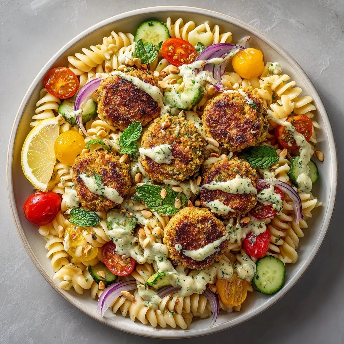 Creamy tahini sauce drizzled over a bowl of colorful falafel pasta, perfect for a vegetarian lunch.