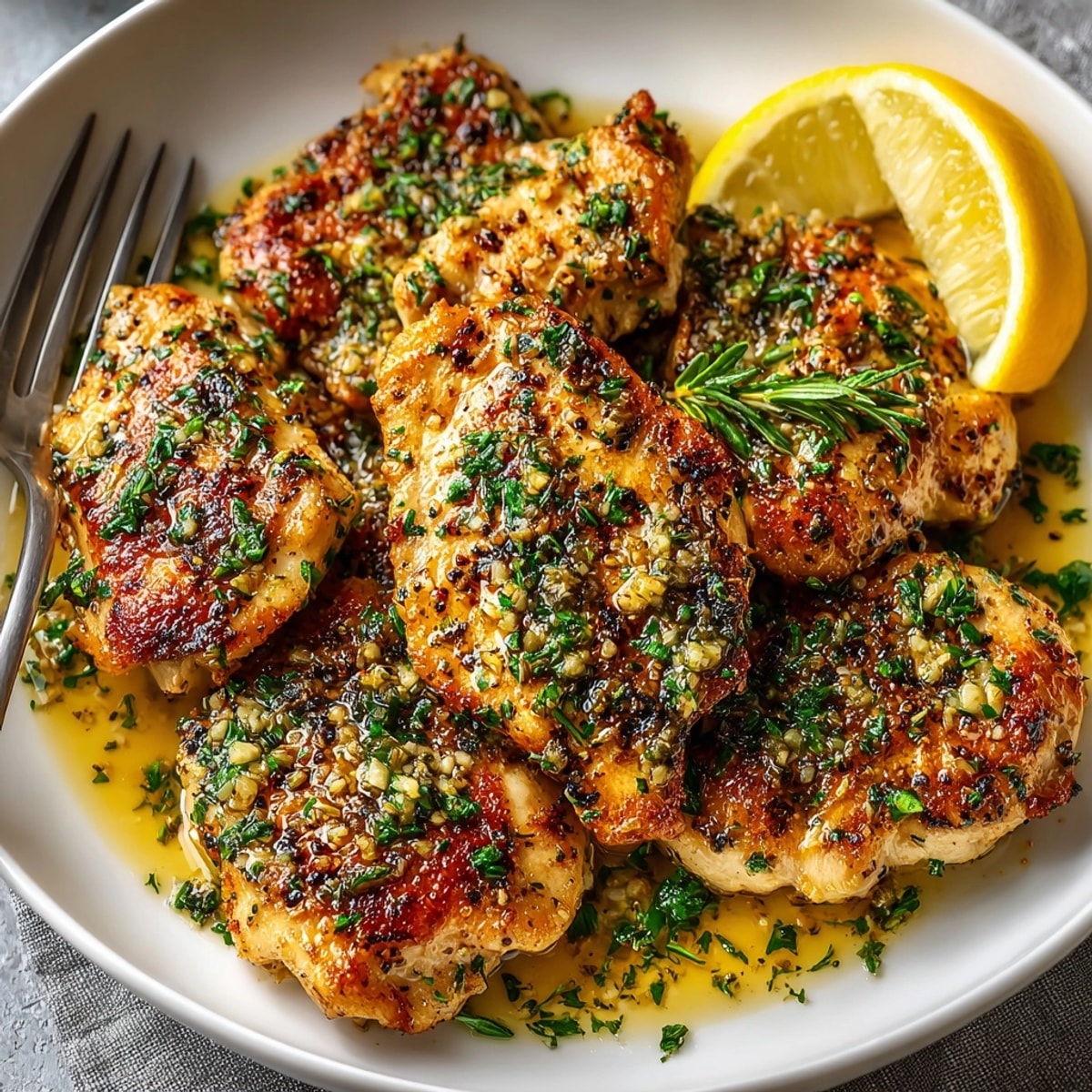 Garlic Herb Butter Chicken in a skillet, topped with fresh herbs and lemon wedges.