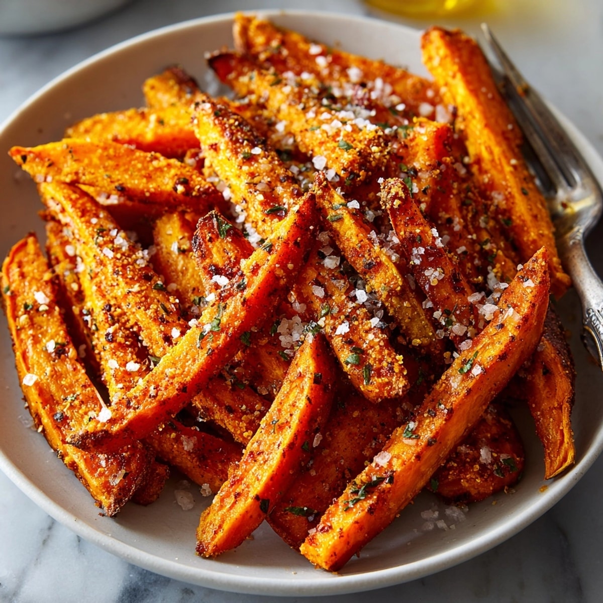 Crispy Cajun Spiced Sweet Potato Fries piled high on a parchment-lined baking sheet.