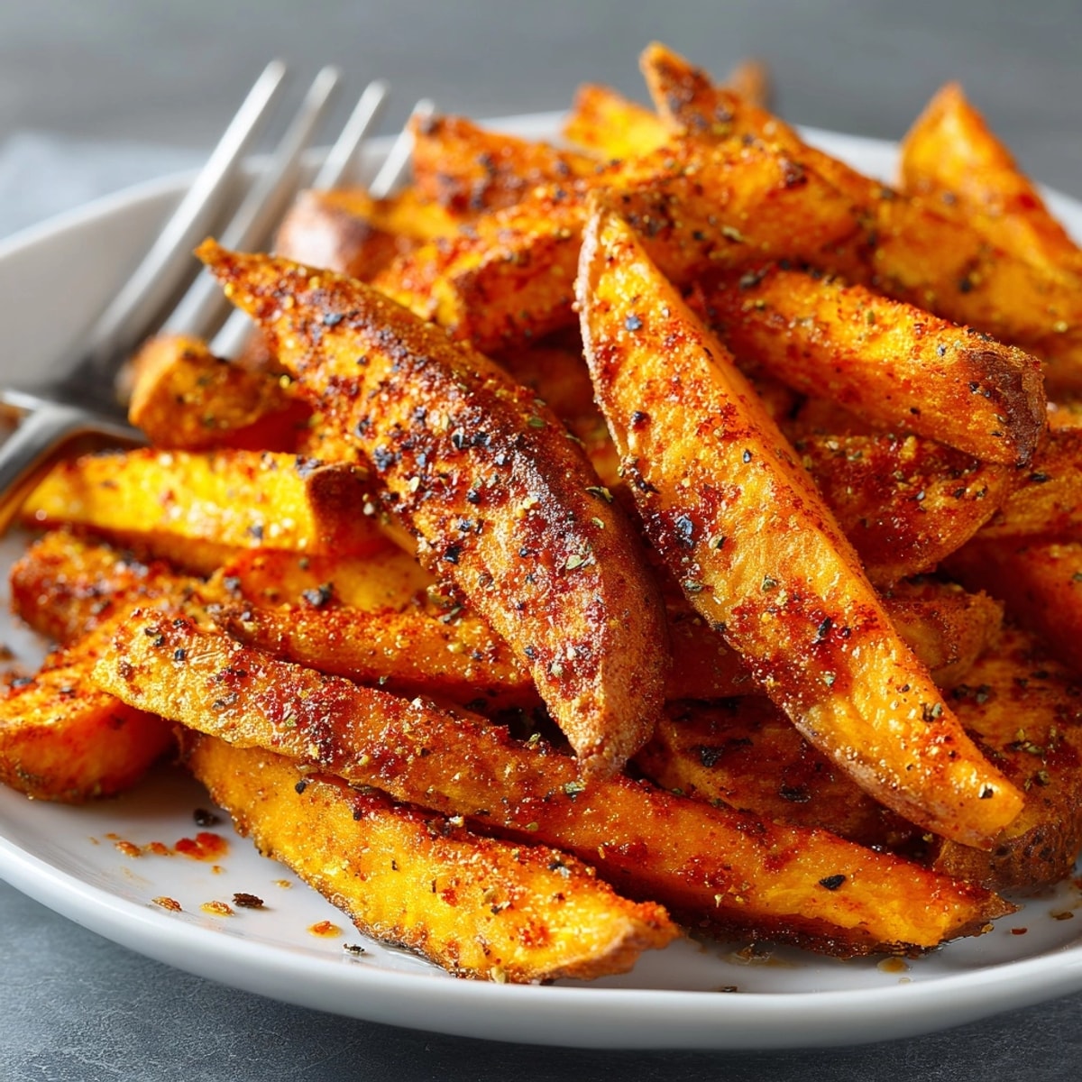 Oven-baked Cajun Spiced Sweet Potato Fries served hot, bursting with golden edges and zesty aroma.