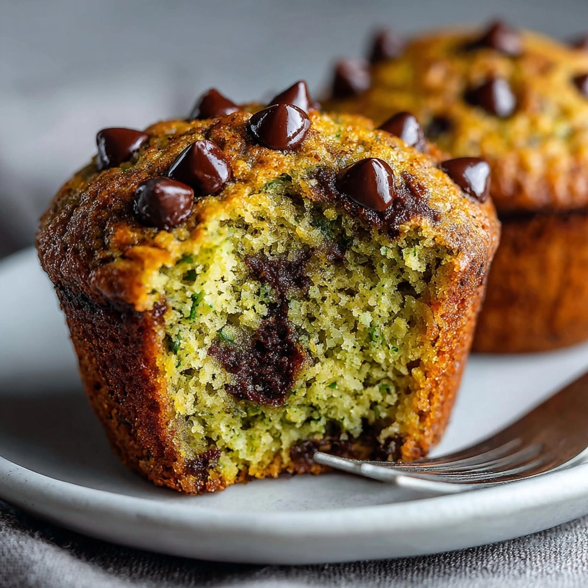 Avocado chocolate chip muffins cooling on a wire rack, rich chocolate chips melting into golden tops.