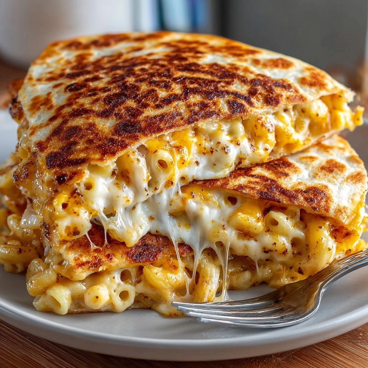 Mac and Cheese Quesadillas cut into wedges, melty cheese oozing between crisp tortillas.