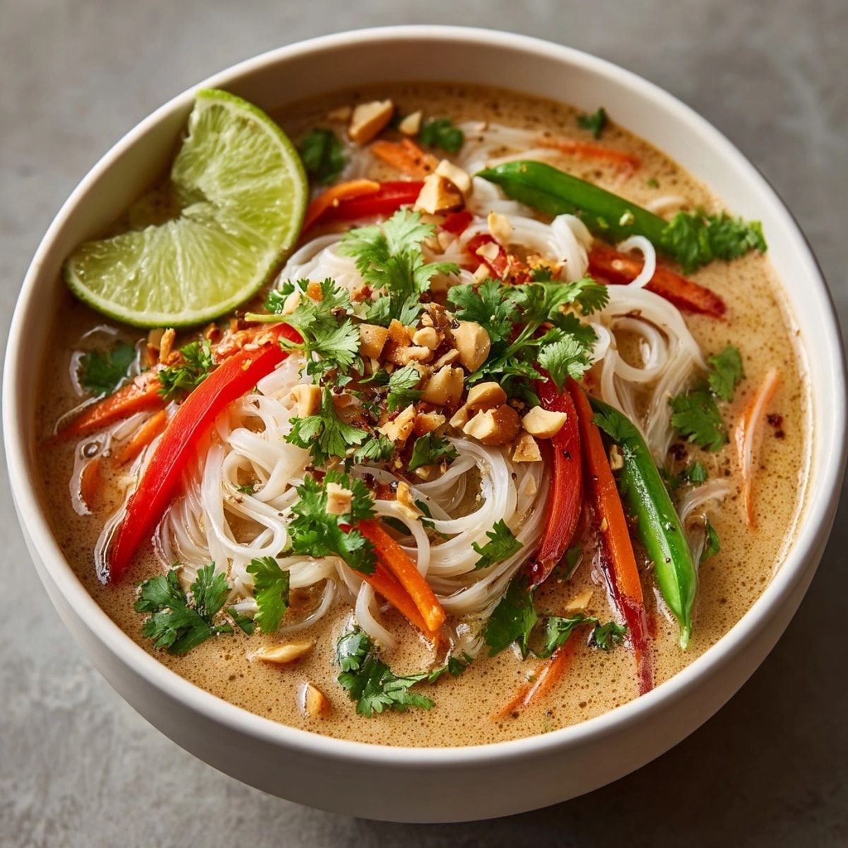 Bowl of Thai Peanut Noodle Soup with creamy coconut broth and fresh vegetable toppings.