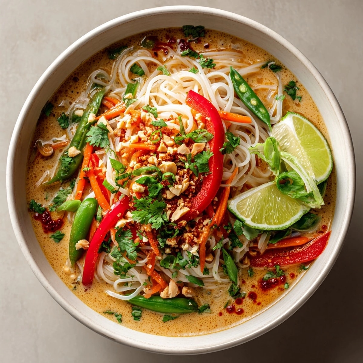Steaming Thai Peanut Noodle Soup garnished with cilantro, lime wedges, and roasted peanuts.