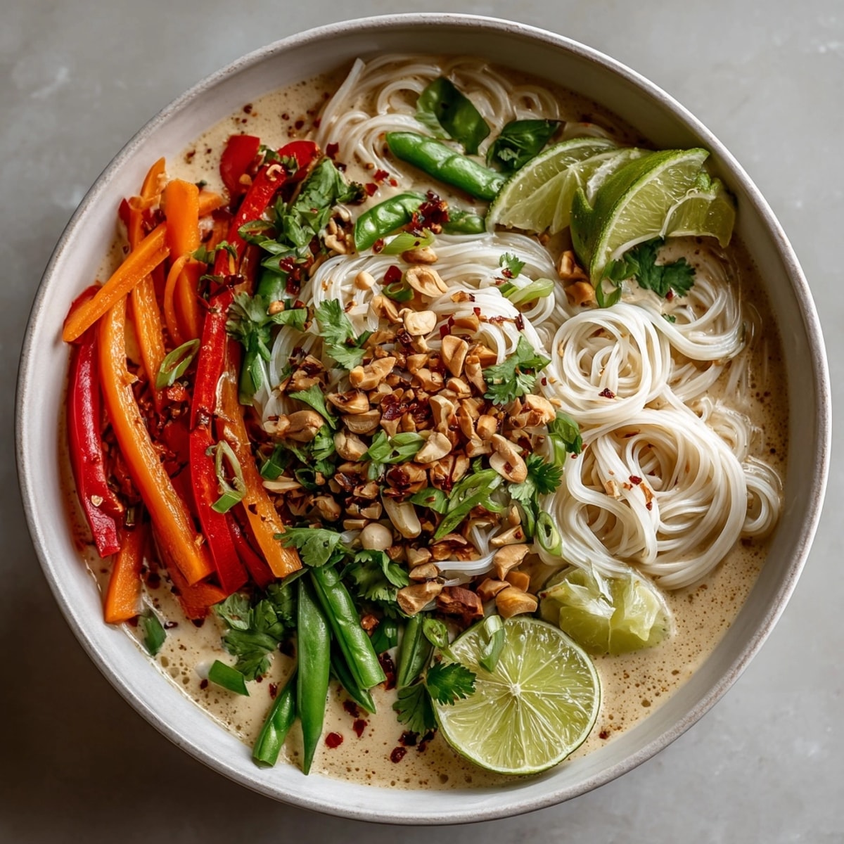 Creamy Thai Peanut Noodle Soup featuring rice noodles, carrots, snap peas, and a spicy aroma.
