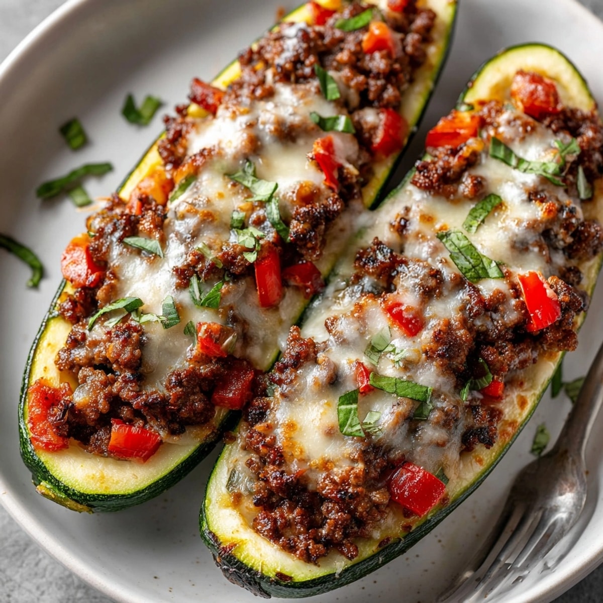 Stuffed Cheese Zucchini Boats fresh from the oven, topped with bubbling golden cheese.