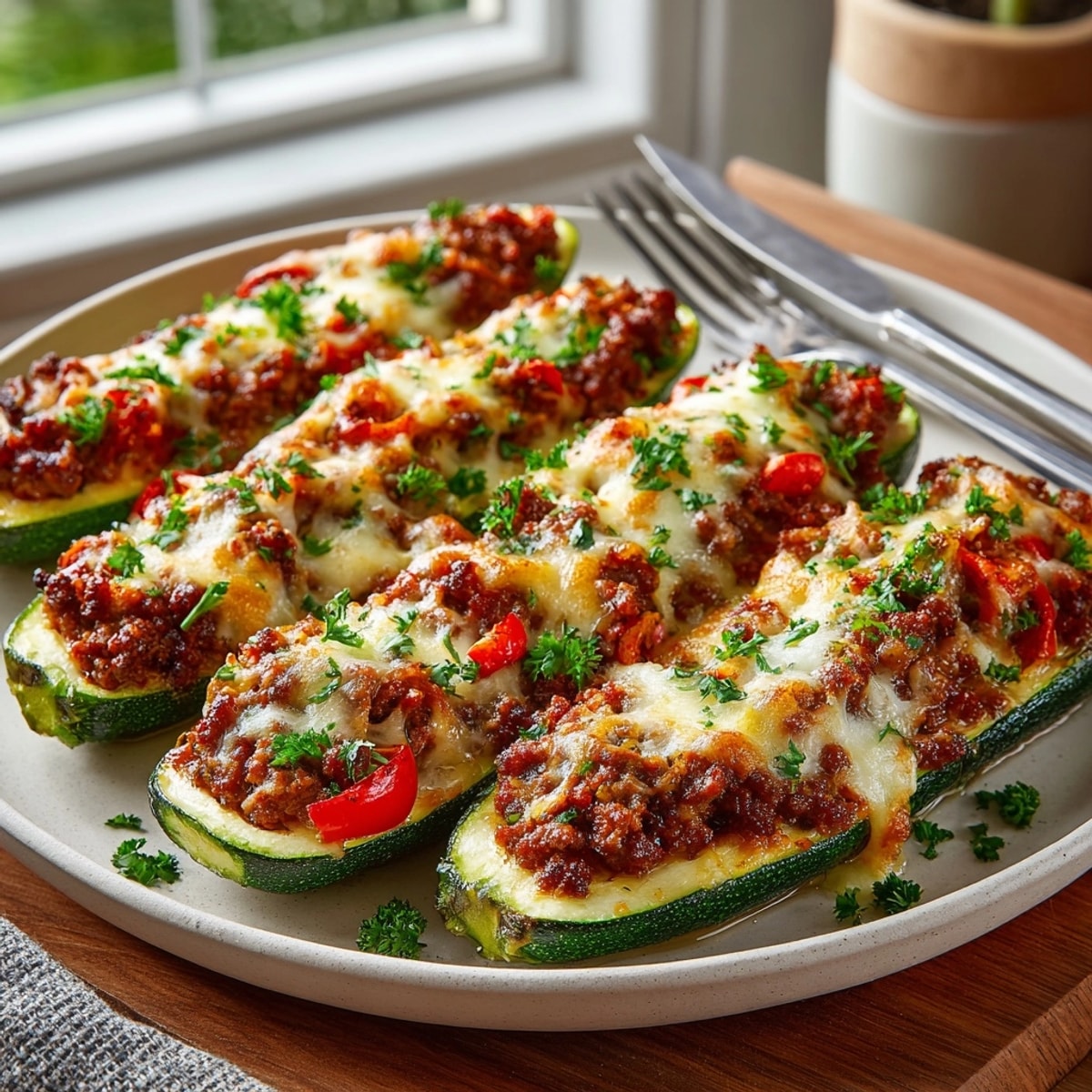 Cheesy Stuffed Cheese Zucchini Boats served warm on a white plate, garnished with basil.