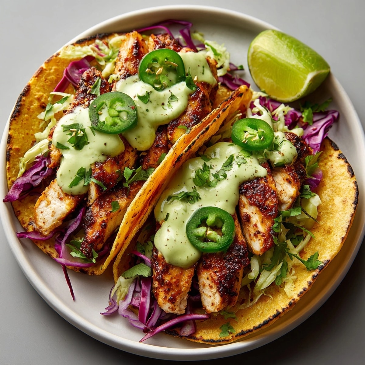 Close-up of Avocado Lime Crema Chicken Tacos in warm corn tortillas, bursting with colorful veggies.