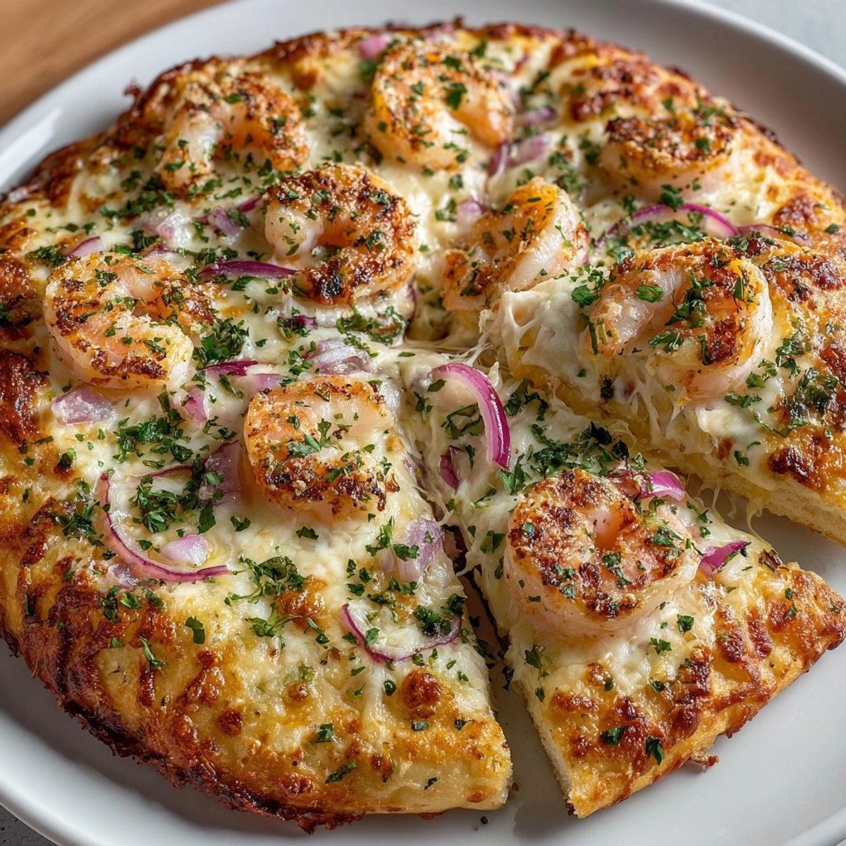 Golden-baked Shrimp Alfredo Pizza with bubbling cheese and parsley, perfect for sharing at dinner.