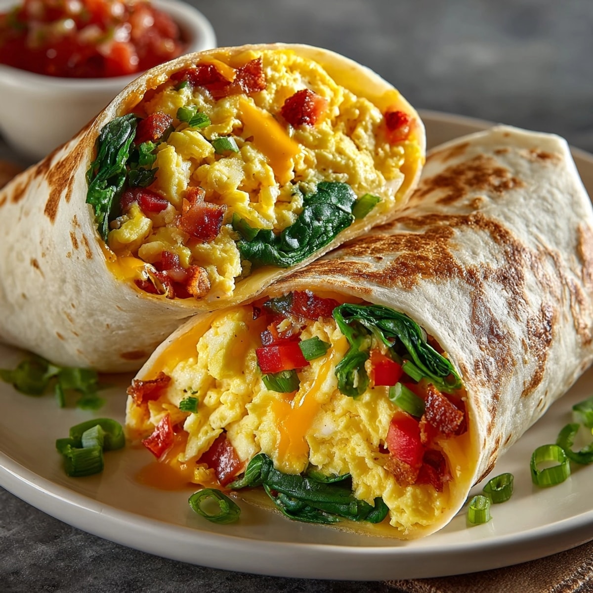Breakfast wrap with scrambled eggs and cheese surrounded by fresh spinach and juicy tomatoes.