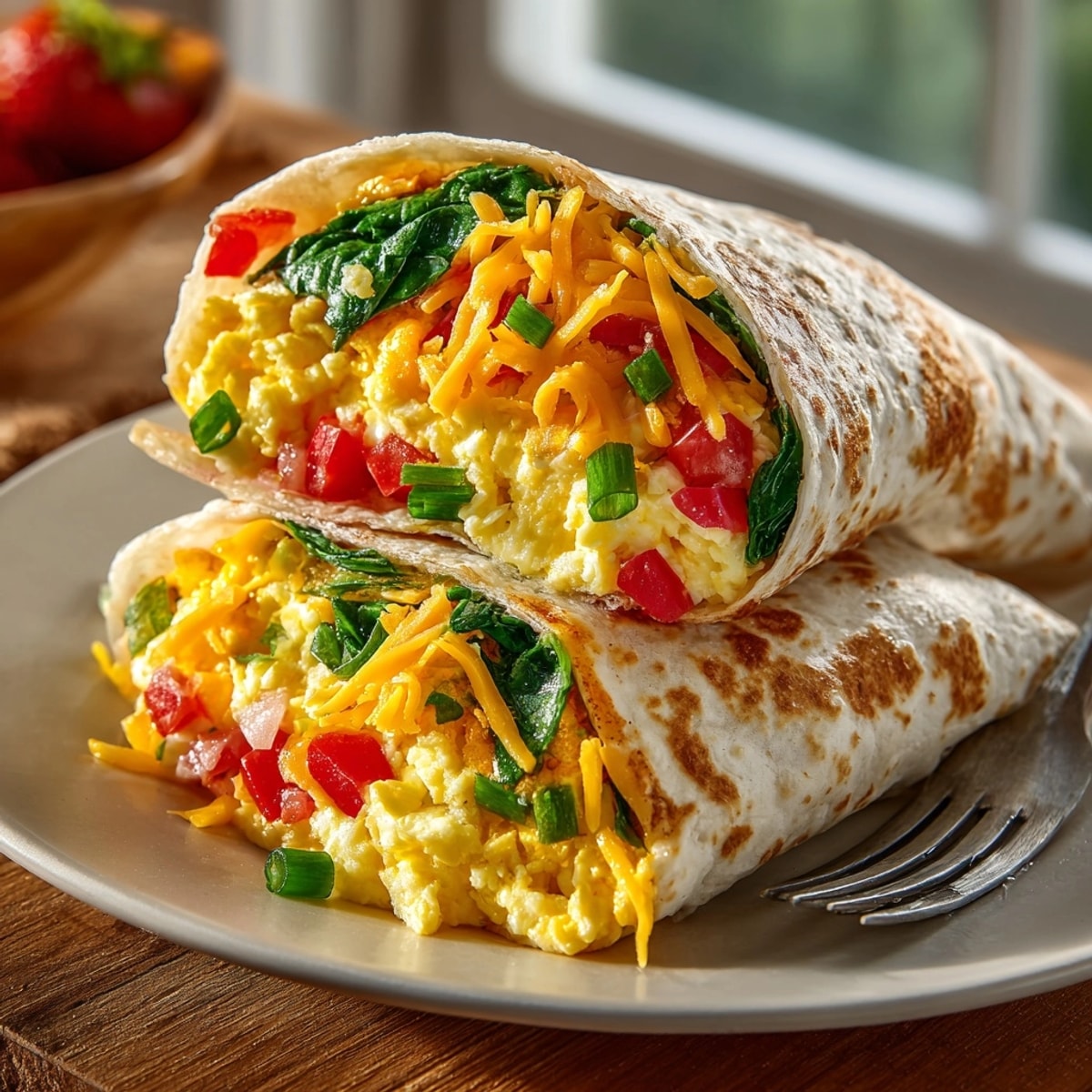 Cheesy breakfast wrap with fluffy scrambled eggs inside a soft tortilla, ready to serve hot.