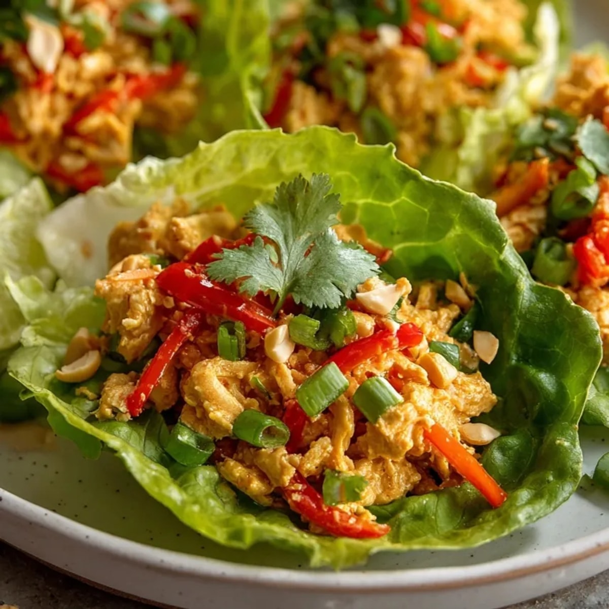 Thai Peanut Chicken Lettuce Cups with creamy sauce and crunchy veggies in fresh lettuce leaves