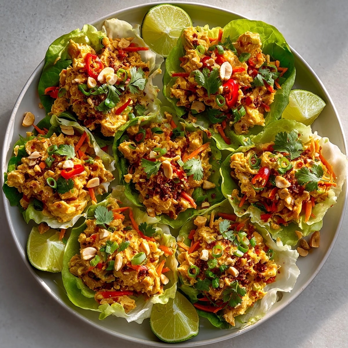 Healthy Thai Peanut Chicken Lettuce Cups garnished with lime wedges, perfect for weeknight dinners