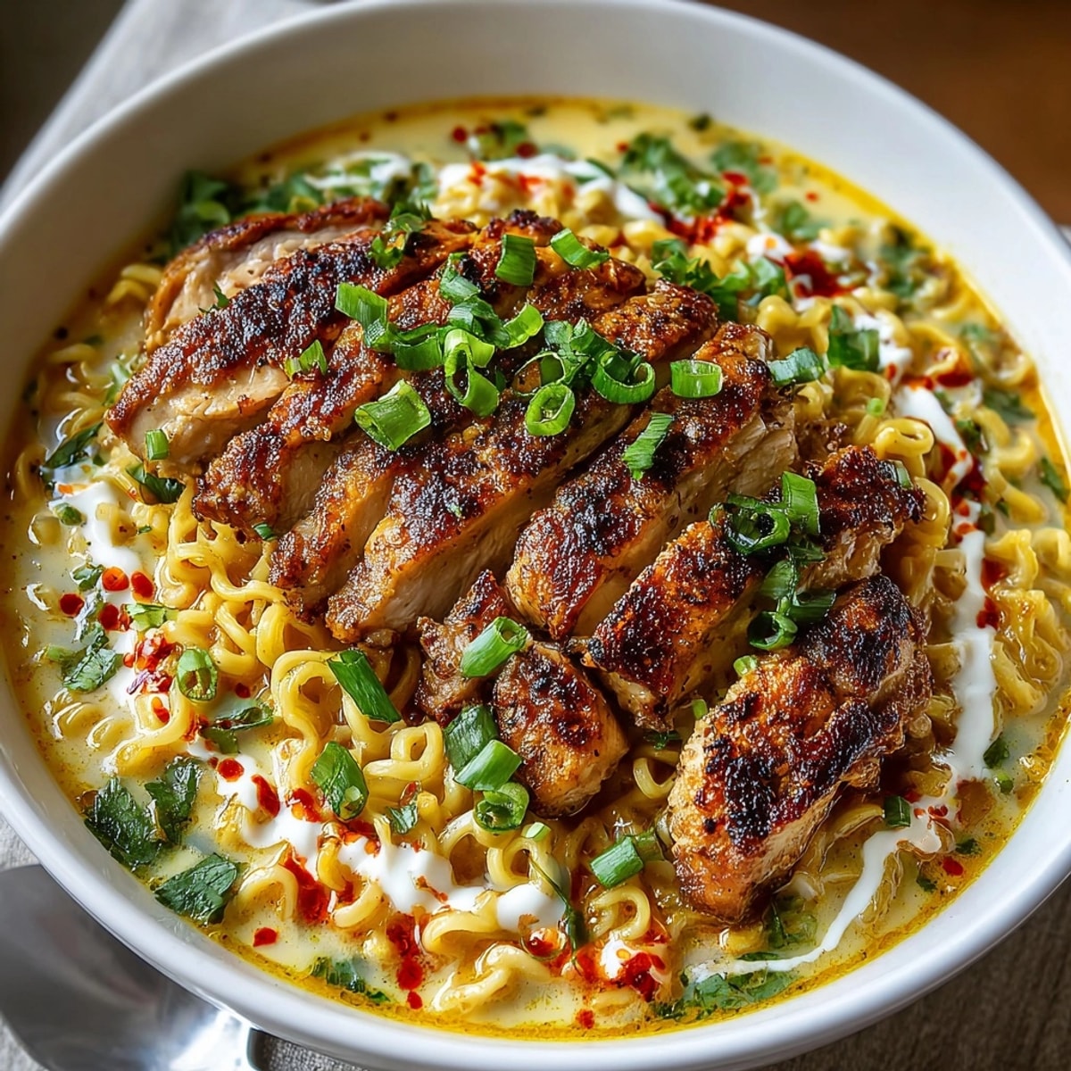 Fiery Chicken Ramen with Creamy Garlic Sauce in a steaming bowl, rich broth and spicy aroma rising.