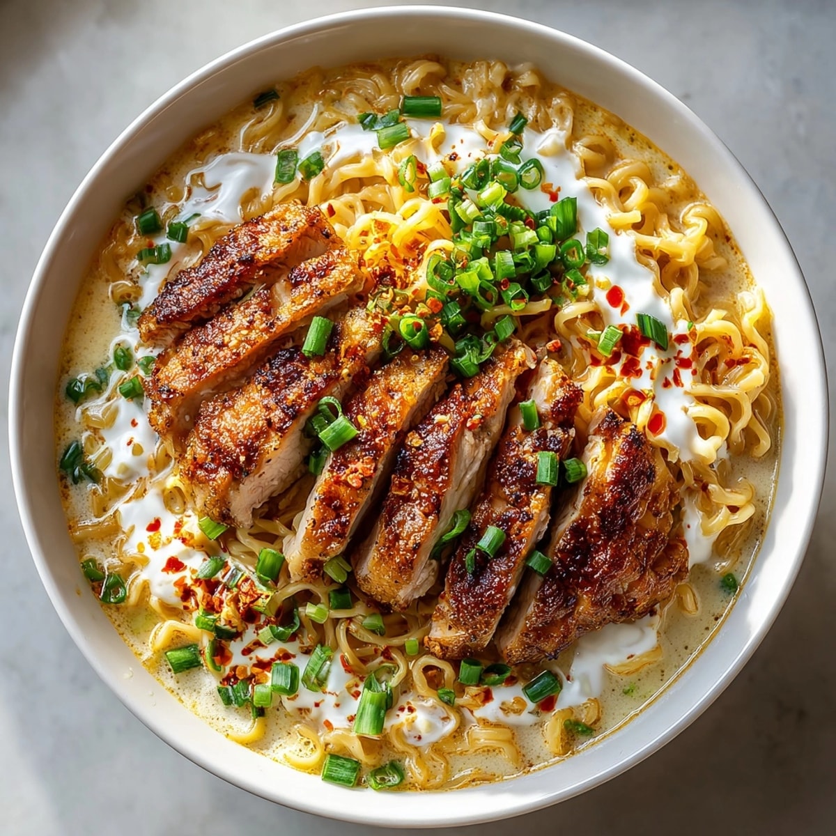 Fiery Chicken Ramen with Creamy Garlic Sauce garnished with green onions, perfect for cozy homemade dinners.