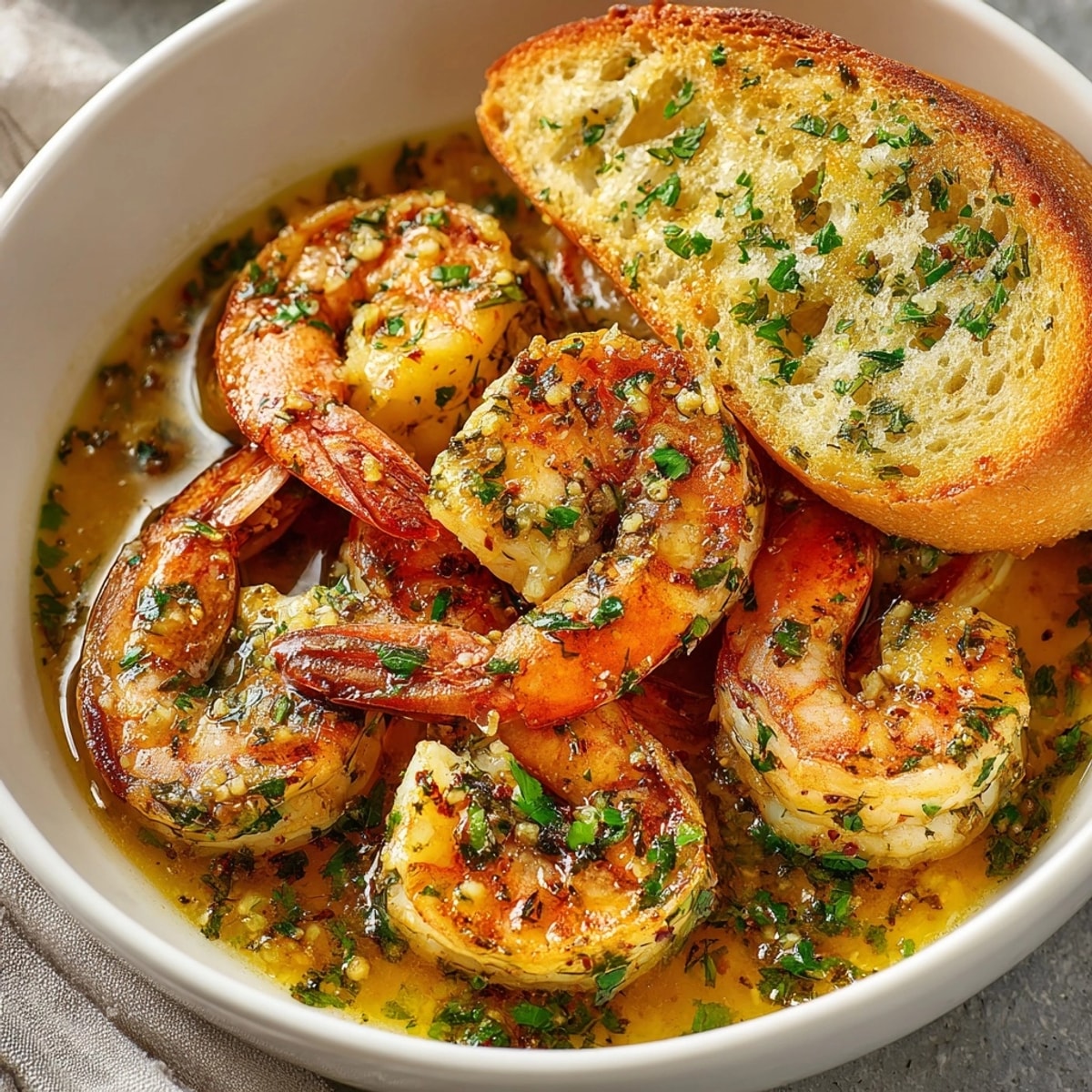 Shrimp Scampi Bowls with Garlic Bread served steaming in white bowls beside golden toast.