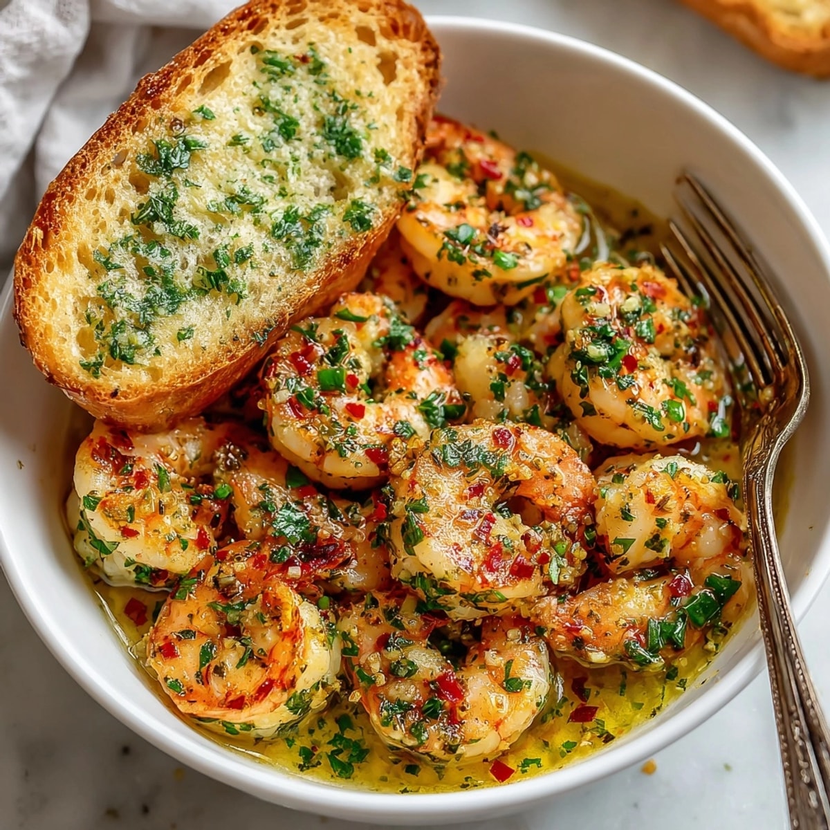 Close-up of shrimp scampi bowls, glistening with garlic sauce and fresh parsley, with garlic bread.