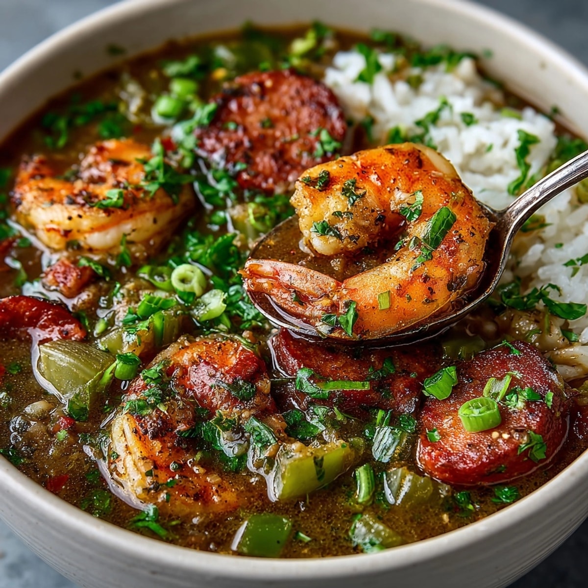 Louisiana Seafood Gumbo with shrimp, crab, and andouille sausage simmered in rich, dark roux.