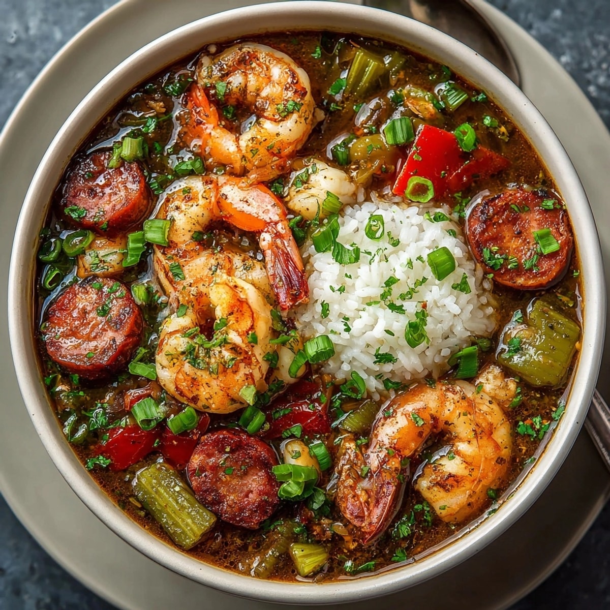 Steaming Louisiana Seafood Gumbo with tender seafood and smoky sausage, perfect for a cozy family dinner.