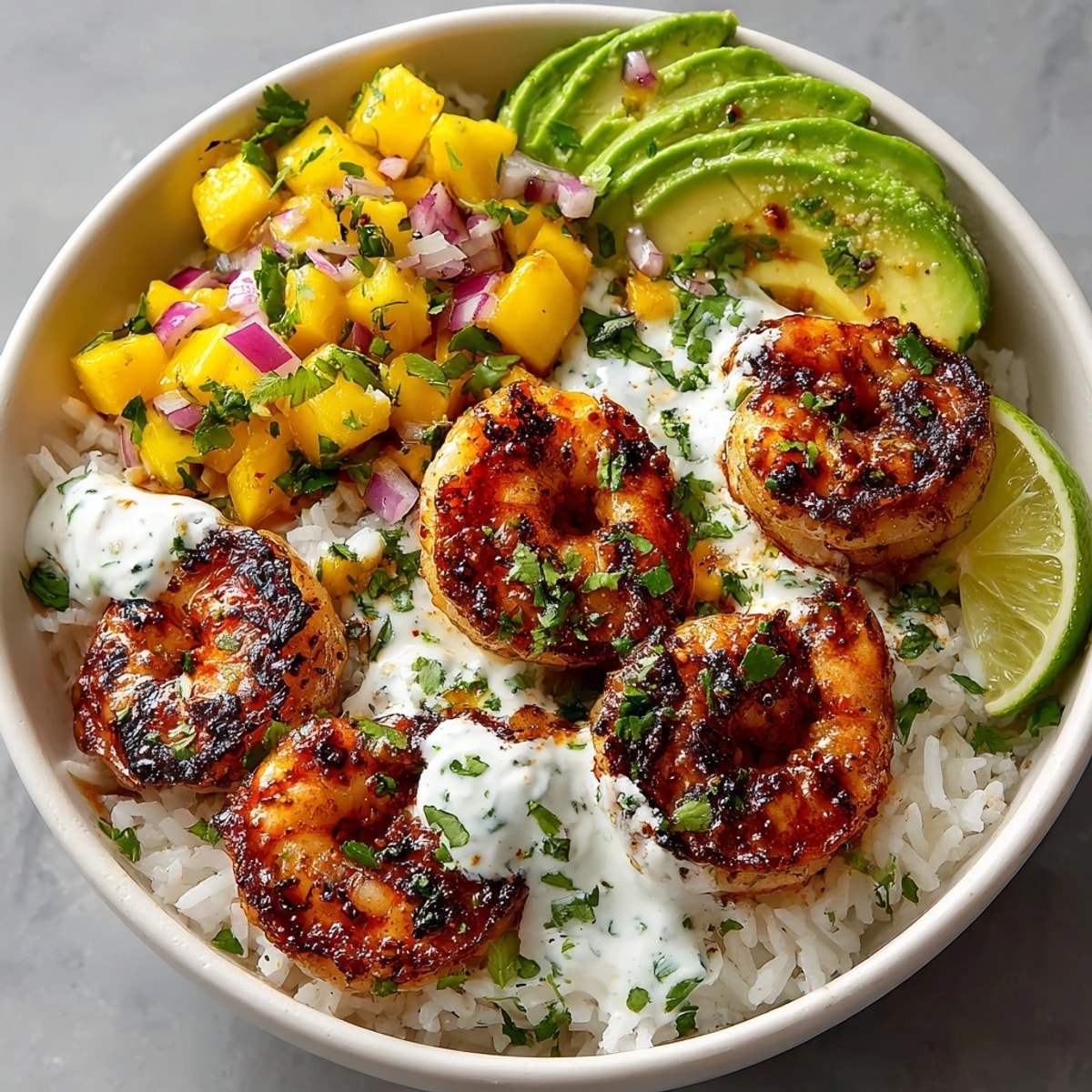 Colorful Shrimp and Avocado Bowls with Mango Salsa & Lime-Chili Sauce topped with lime wedges.