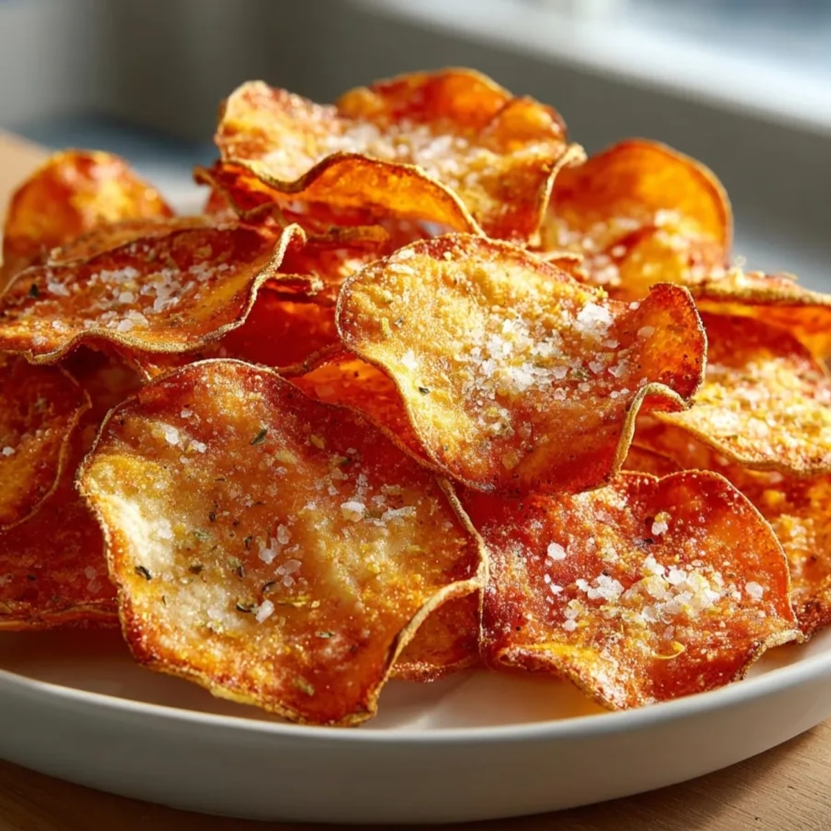 Golden air fryer sweet potato chips cooling on a tray, lightly seasoned and perfectly crisp.
