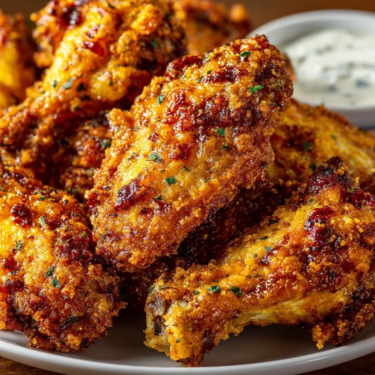 Crispy Air Fryer Chicken Wings piled on a platter, golden-brown and ready to dip.