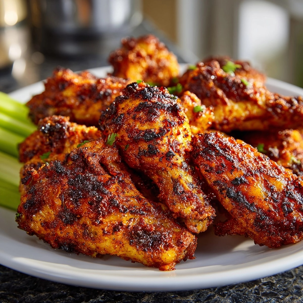 Close-up of crispy air fryer chicken wings, glistening with optional hot sauce coating.