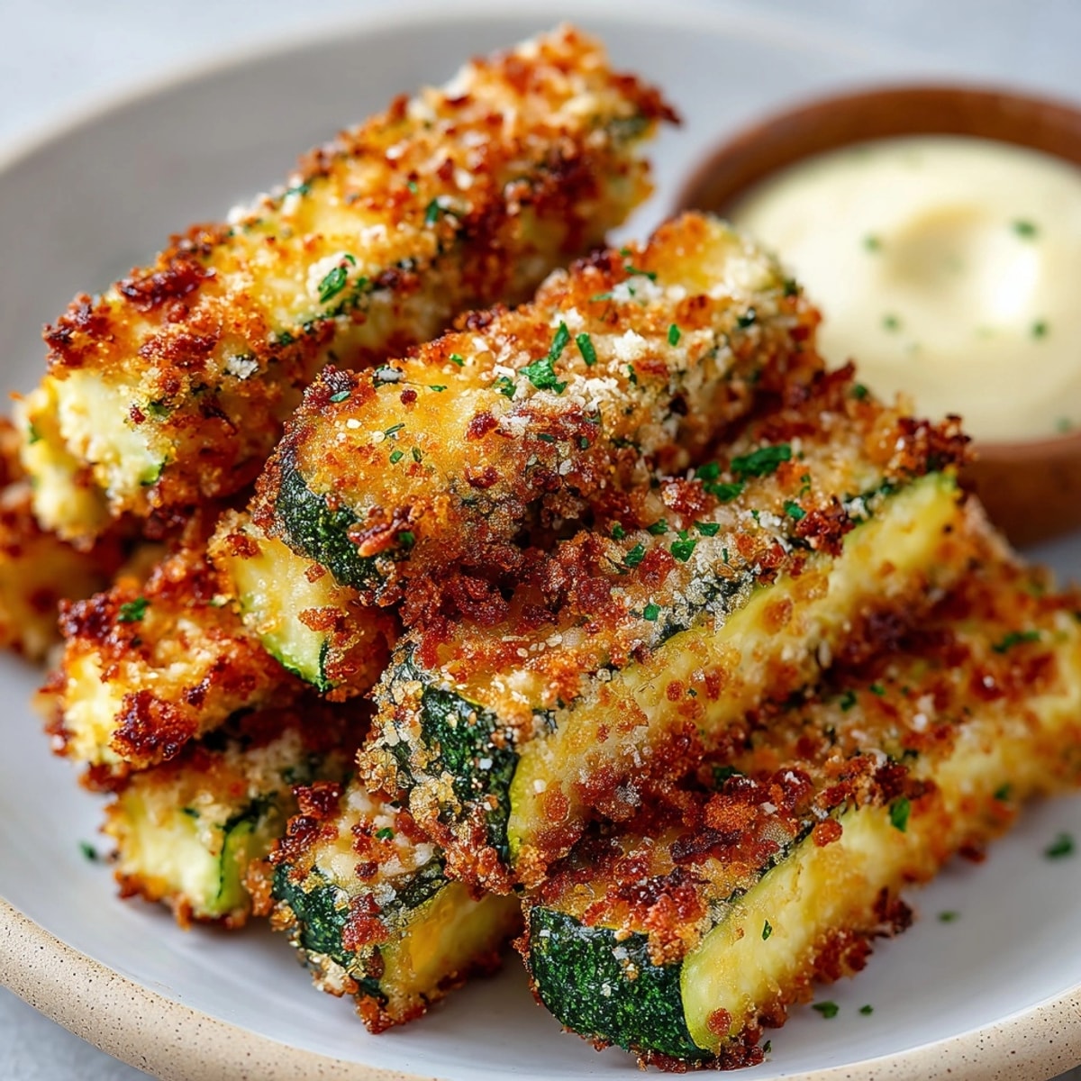 Crispy golden air fryer zucchini fries stacked on a plate, ready for dipping.