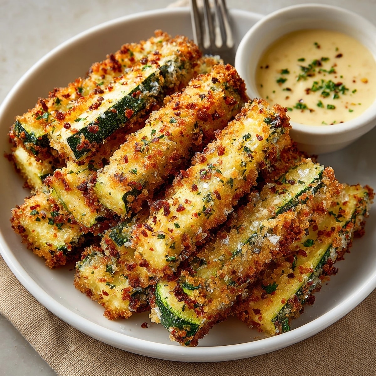 Close-up of air fryer zucchini fries with panko-Parmesan crust and marinara sauce.