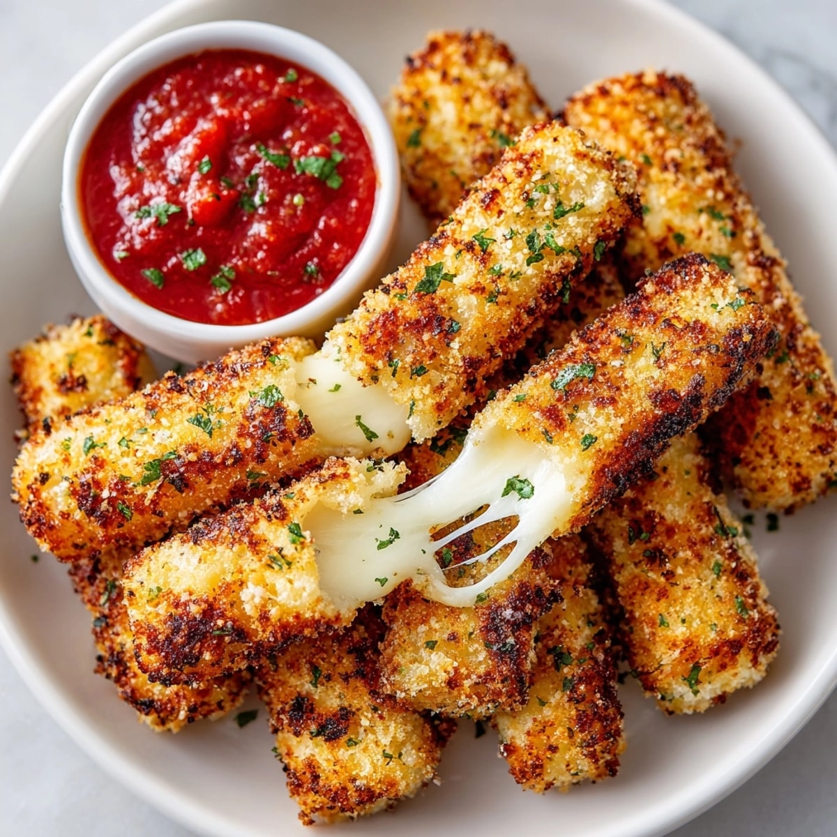 Crispy air fryer mozzarella sticks arranged on a platter, served hot with marinara sauce.