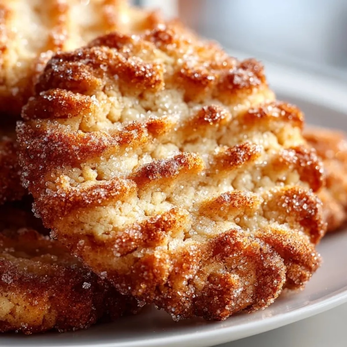 Cinnamon Sugar Pie Crust Cookies arranged on a tray, golden brown and sparkling with sugar.