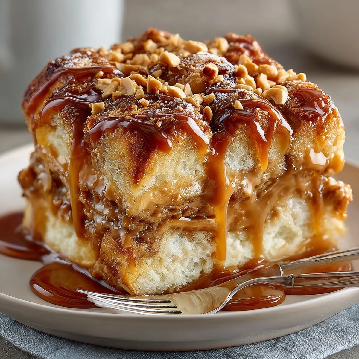 Golden, buttery Peanut Butter Caramel Pull-Apart Bread served warm, layers oozing with creamy peanut butter