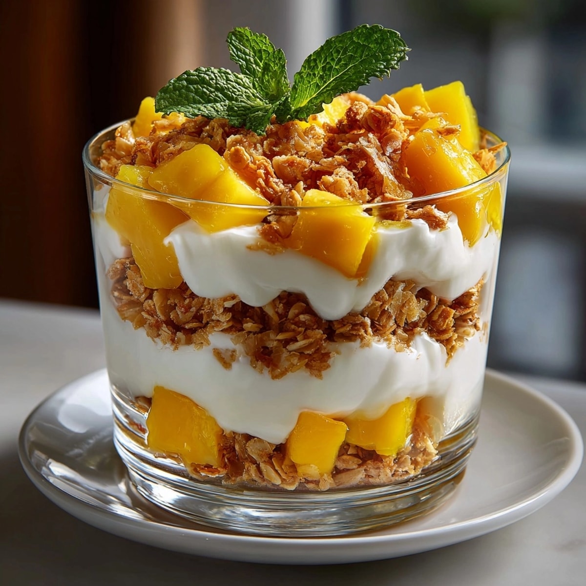 Mango Coconut Yogurt Parfaits layered in glass jars with golden mango, creamy yogurt, and granola.