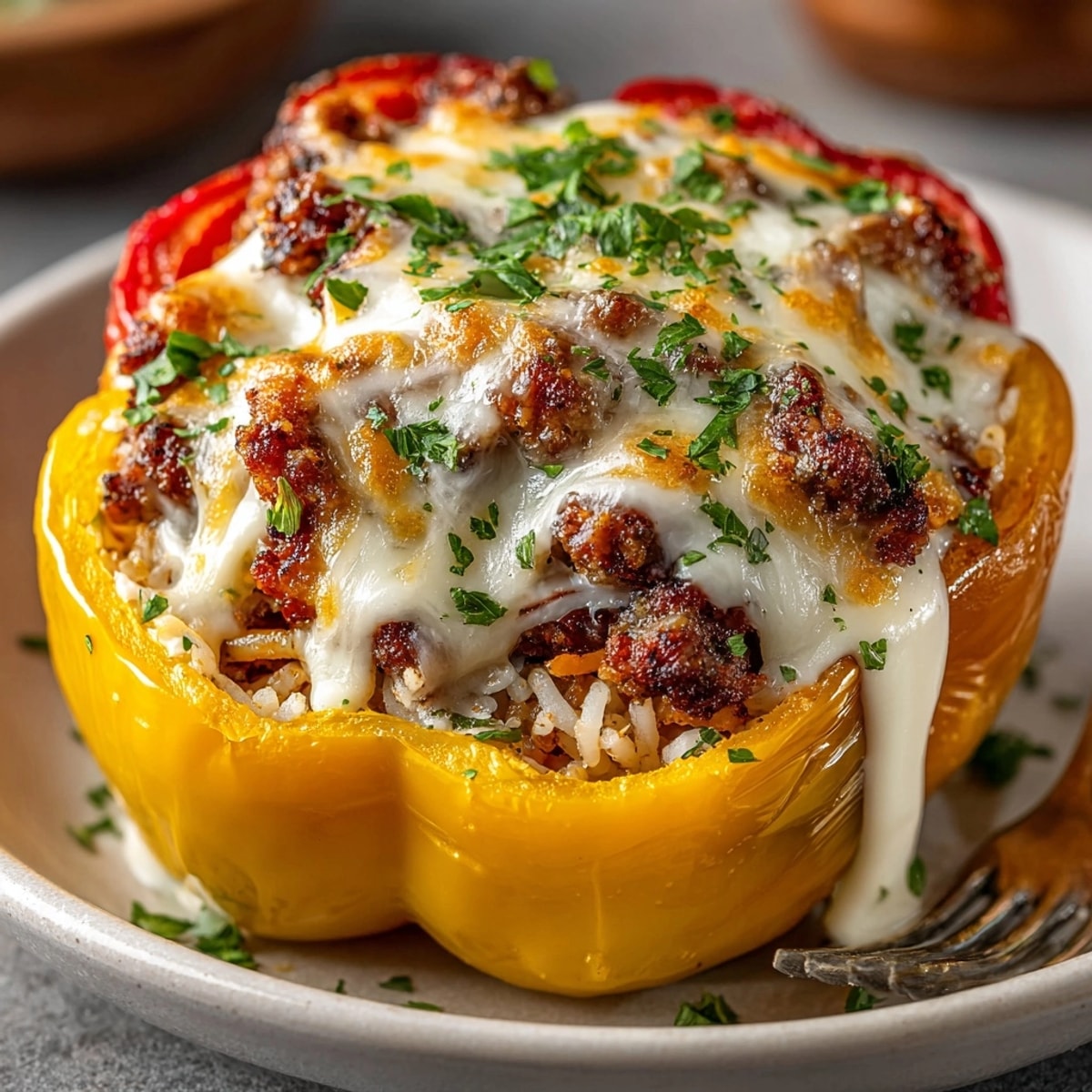 Alfredo sausage stuffed peppers baked golden, oozing cheese, and served garnished with fresh parsley.