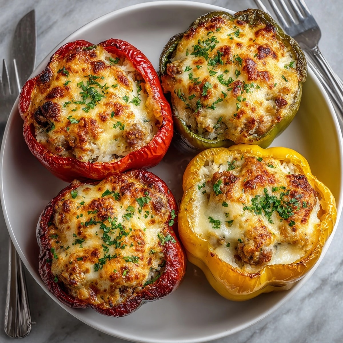 Italian-American Alfredo sausage stuffed peppers showcased on a dinner table, paired with a crisp green salad.