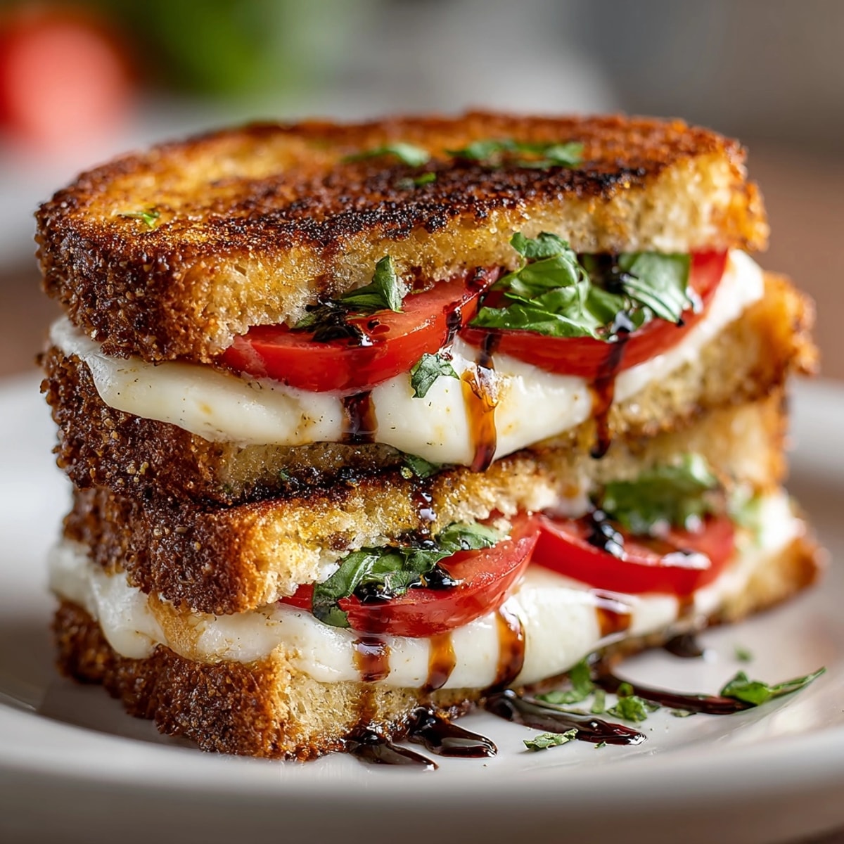 Grilled Cheese Caprese Sandwich with golden toasted bread, oozing mozzarella, and fresh basil leaves.